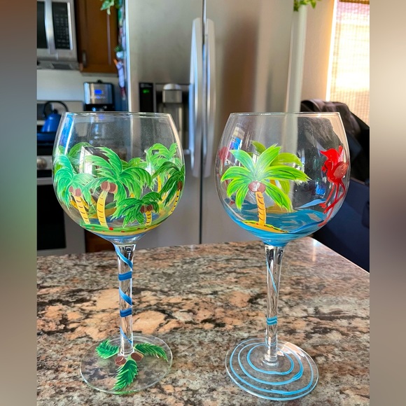 Dining Hand Painted Tropical Palm Tree Wine Glassesset Of 2 Poshmark
